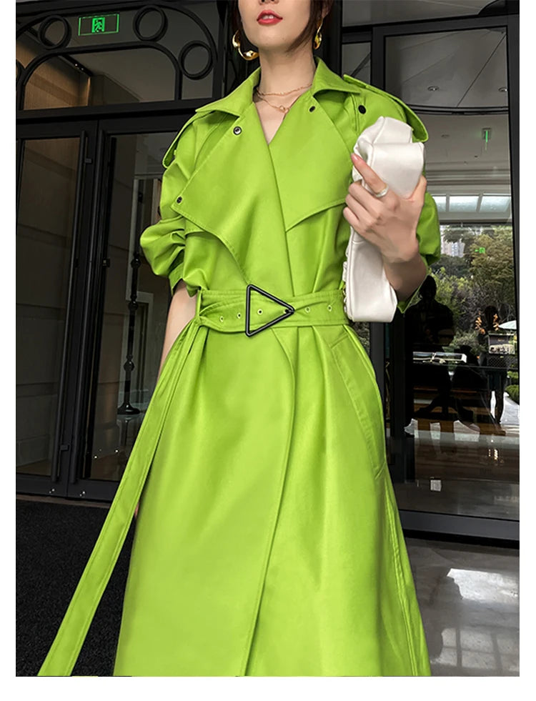 Luxury Long Oversized Bright Green Faux Leather Trench Coat for Women