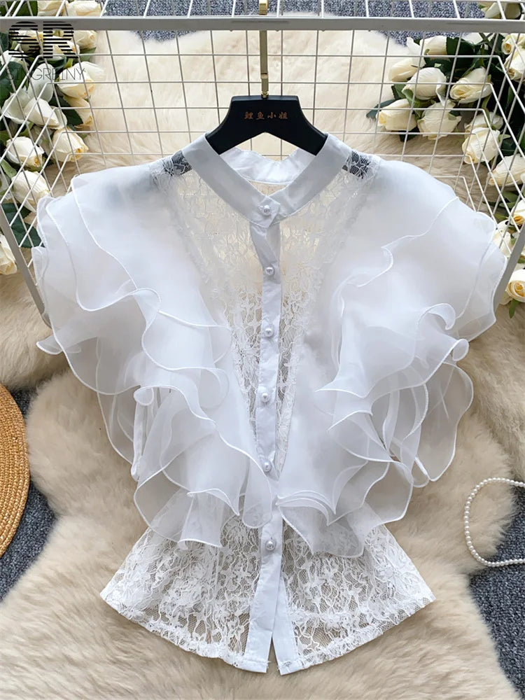 Ruffle Blouses Women French Style Single Breasted Lace Patchwork Shirt Summer Top
