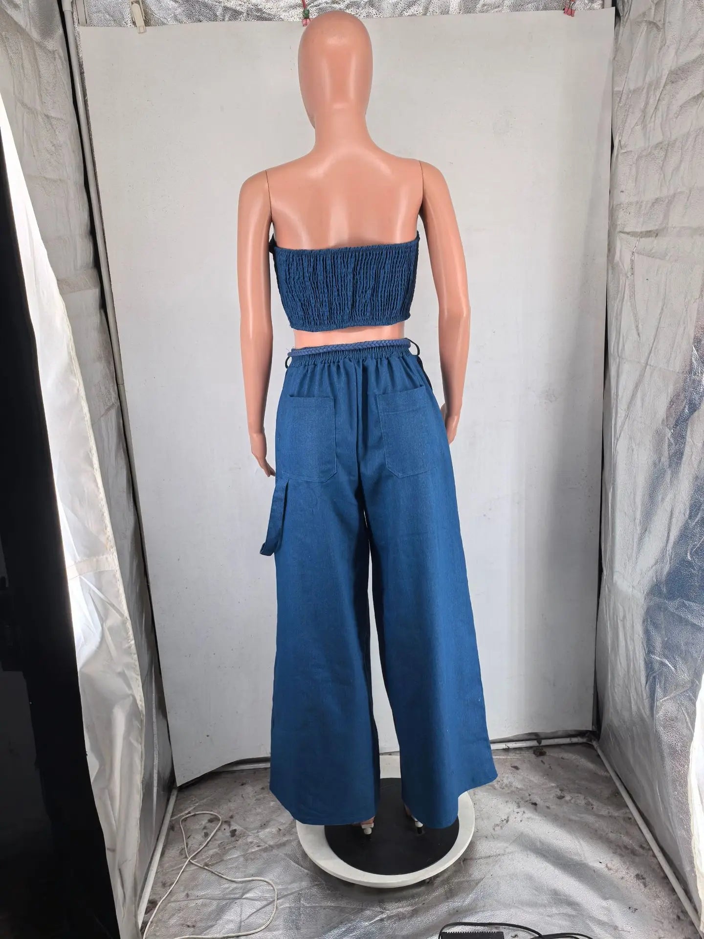 Denim Women's Set Strapless Crop Top and Wide Leg Jeans Pants Two 2 Piece Sets Outfit
