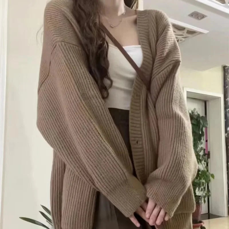 Women Cardigan Long Sleeve V-neck Loose Knitted Sweater Cardigan