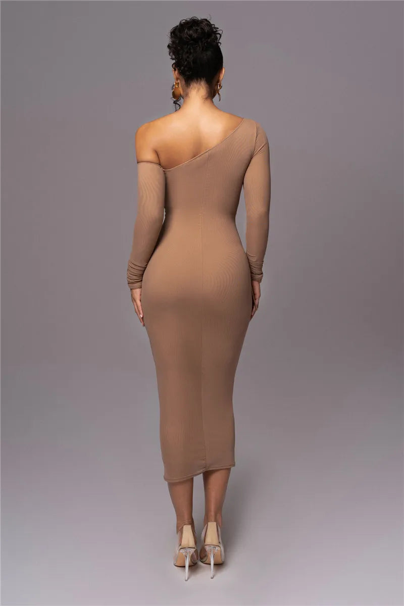 Diagonal Collar Long Sleeve Midi Bodycon Dress For Women Two Layer Mesh