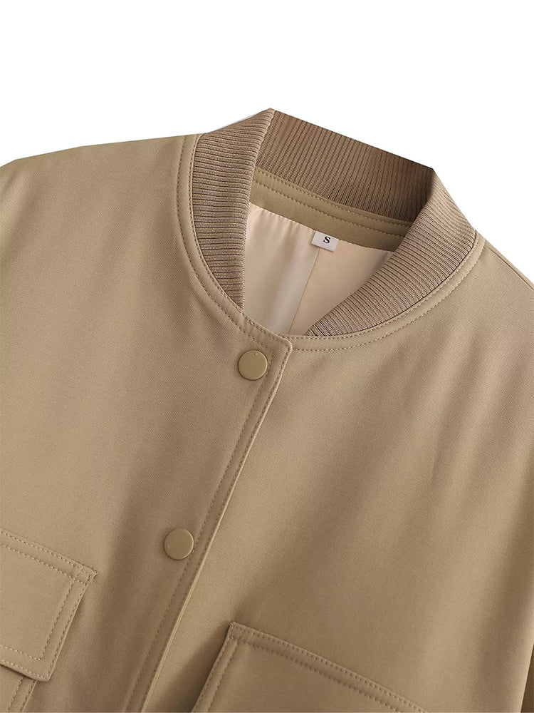 Solid Bomber Jackets Coat With Pockets V-Neck Single Breasted Long Sleeves Jacket