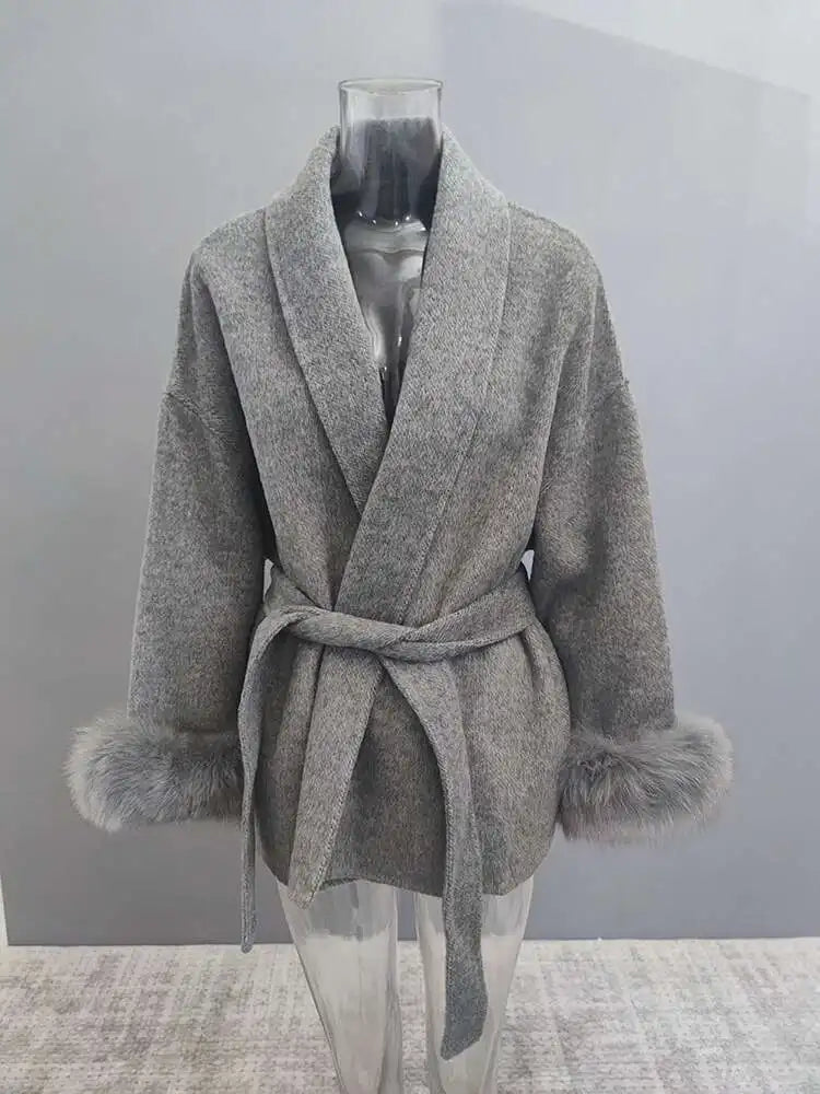 Women Overcoats Fur Patchwork Long Sleeve Woolen Coat