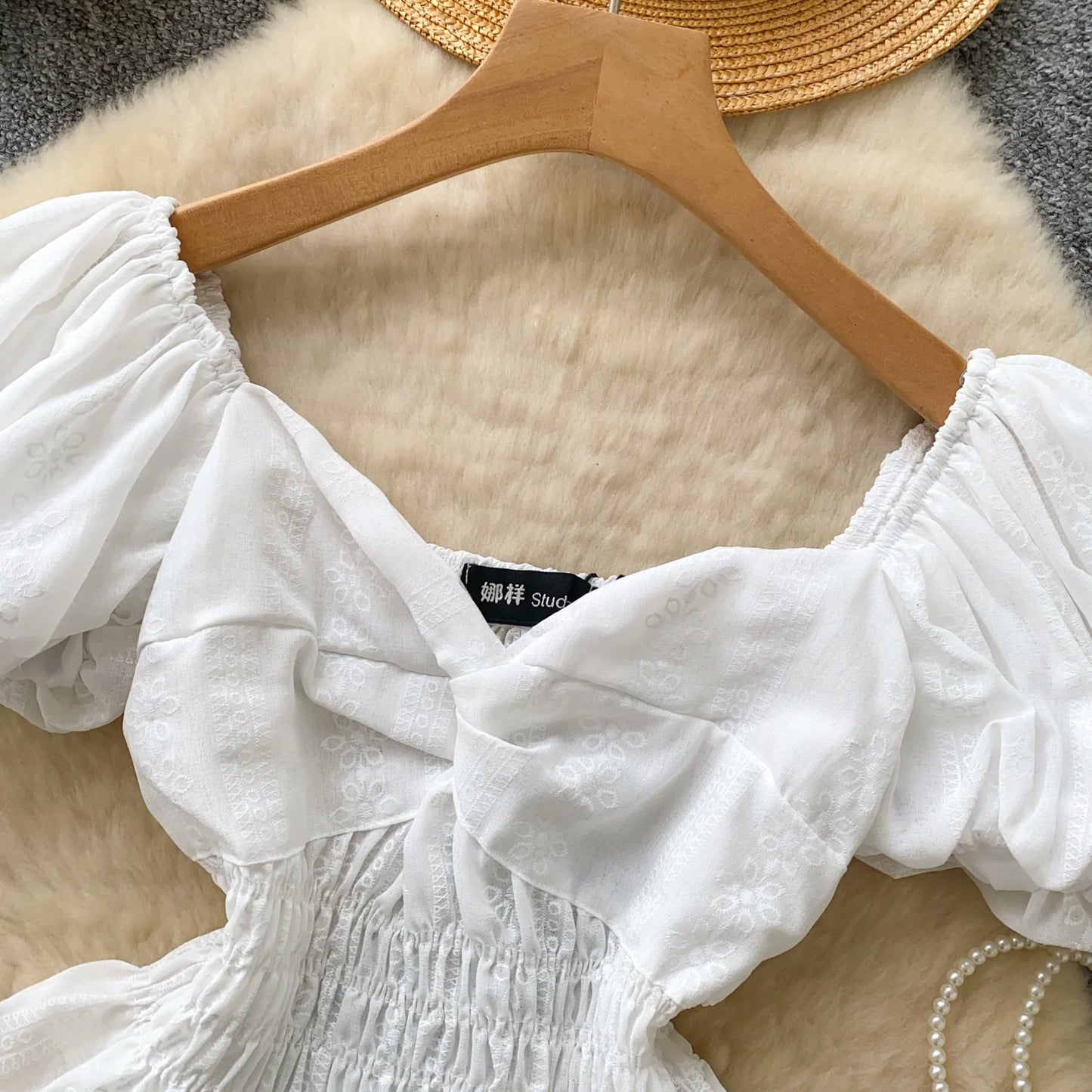 Jacquard Blouse Square Collar Puff Sleeves Elastic Slim Crop