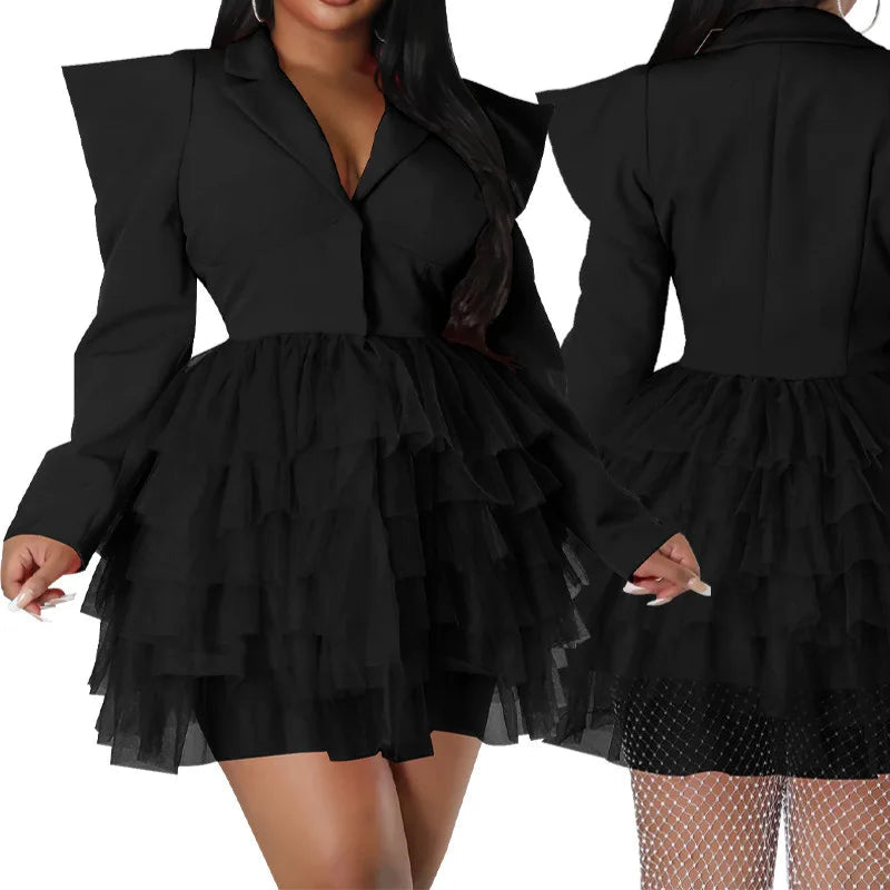 Mesh Paneling Solid Right Shoulders Long Sleeves Cake Dress For Women