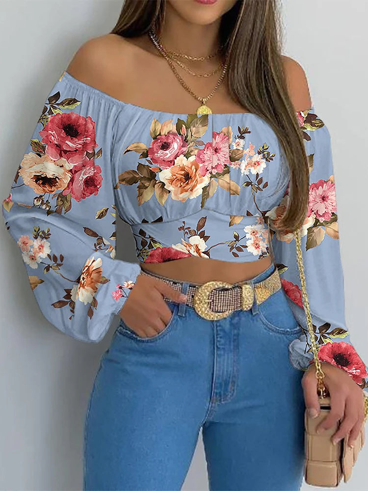 Women Sexy Off Shoulder Print Blouses Chic and Elegant Lantern Long Sleeve Cropped Top
