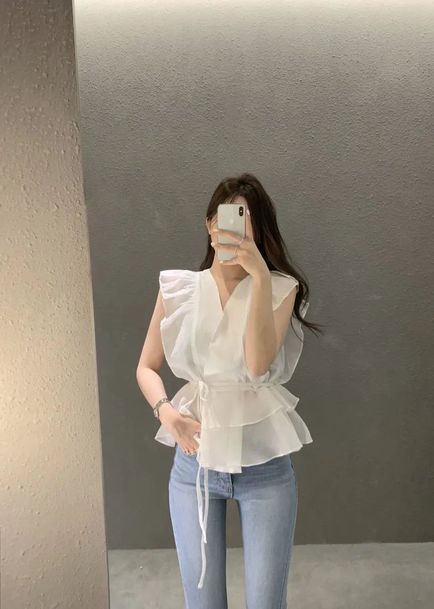 Lace Up Top Ruffled V-neck Sleeveless Shirts Blouse for Women
