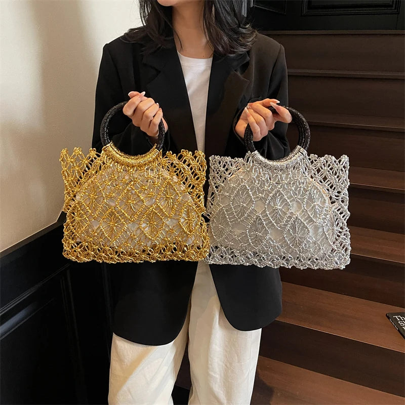 Handmade Woven Design Round Handle Handbags For Women