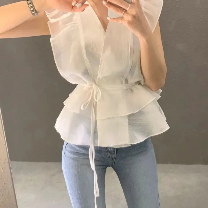 Lace Up Top Ruffled V-neck Sleeveless Shirts Blouse for Women