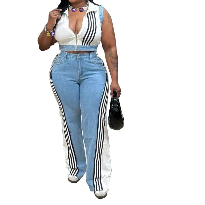 Women's 2 Pieces Sets 2025 Spring Summer Denim Sleeveless Suit Tops And Wide Leg Pants Suits Two Piece Set
