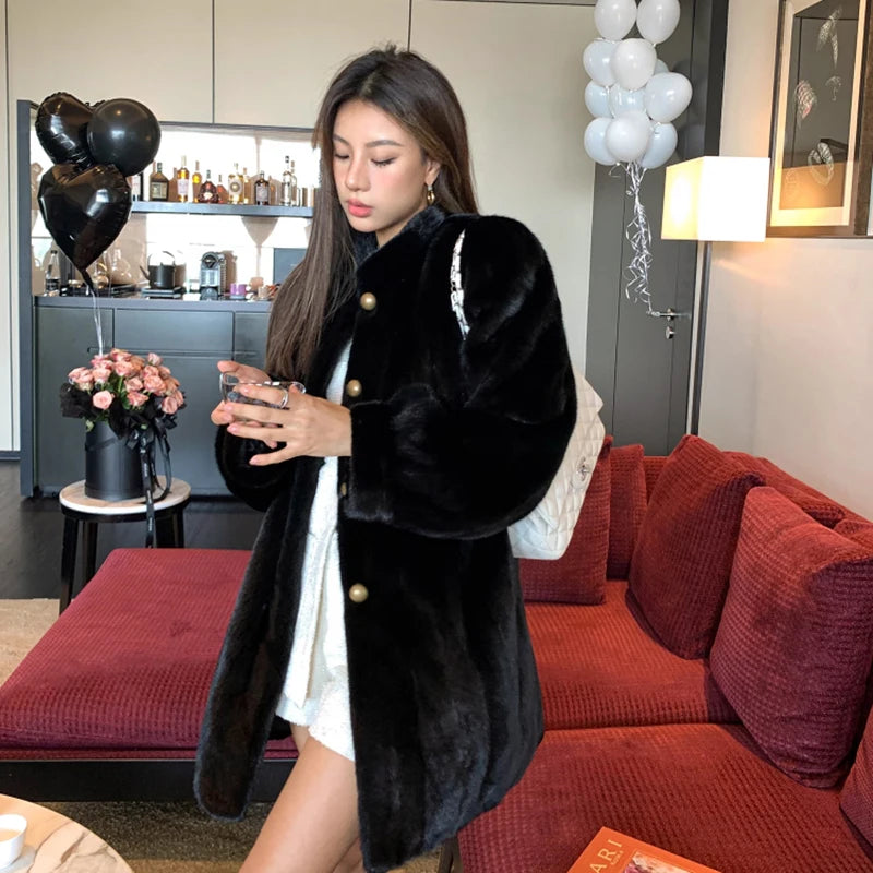 Brown Thick Warm Soft Faux Mink Fur Coat Women Puff Sleeve Stand Collar Fluffy Jacket