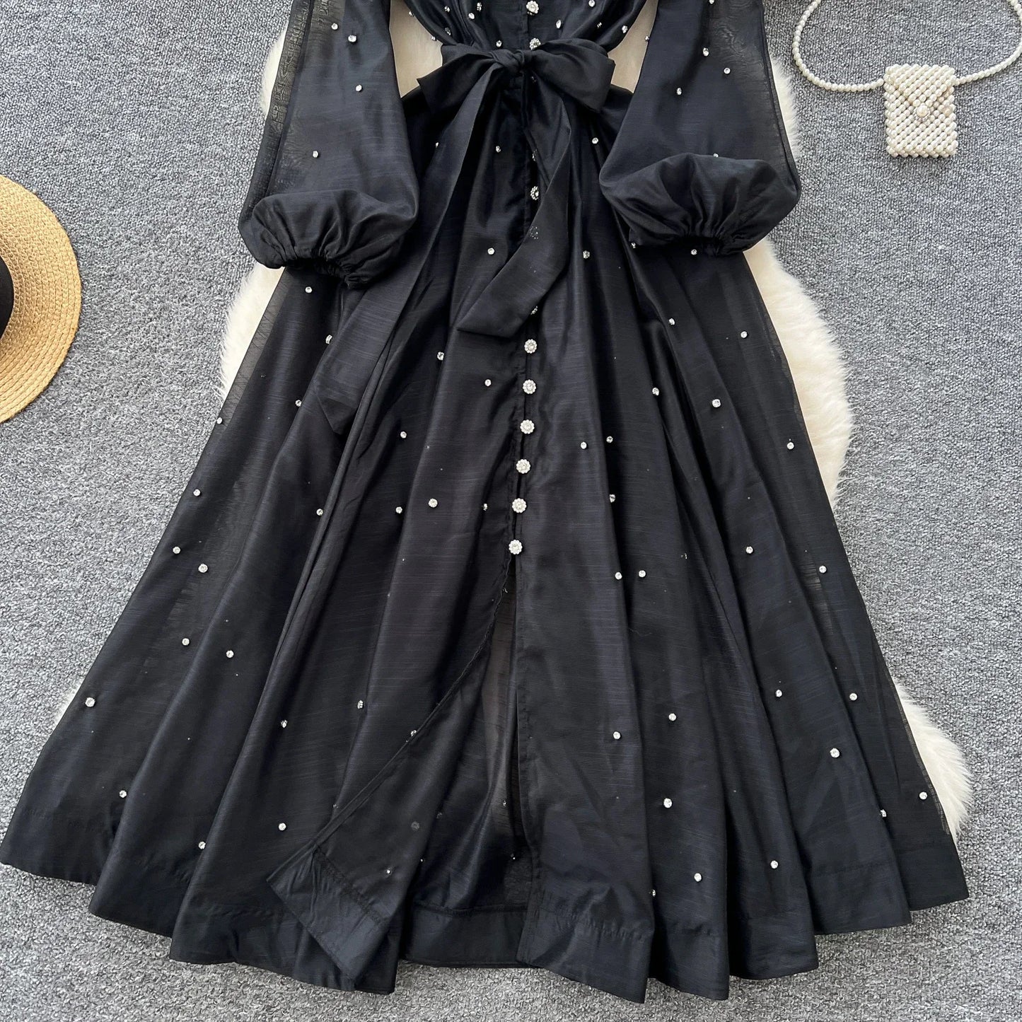 Elegant Lantern Sleeves Vintage Stand Collar Chic Single Breasted Rhinestone Bandage Slim High Street Long Dresses