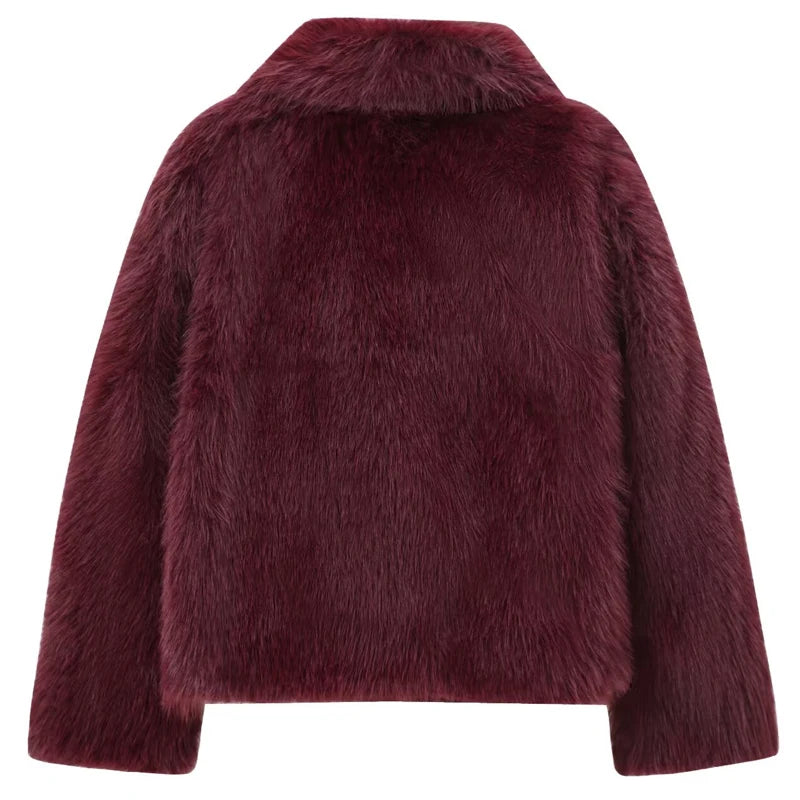 Women's Fur Coat Plush Burgundy Bomber Jacket Solid Crop Jacket Winter Coats