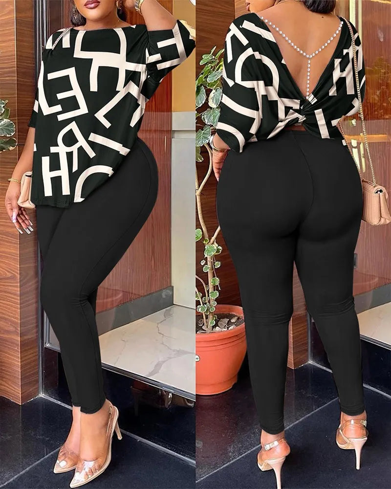 Women's Backless Round Neck Five Quarter Sleeve Pants Two-piece Casual Comfortable Set