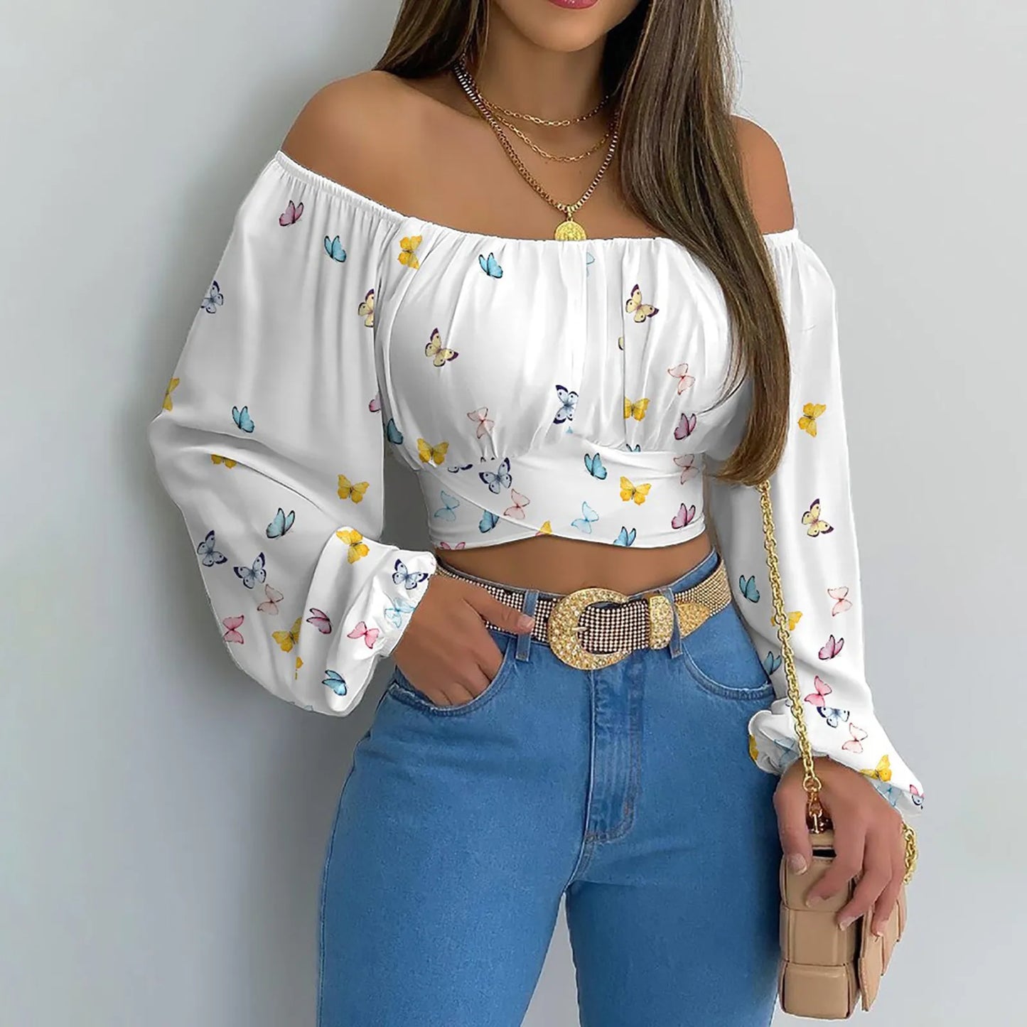 Women Sexy Off Shoulder Print Blouses Chic and Elegant Lantern Long Sleeve Cropped Top