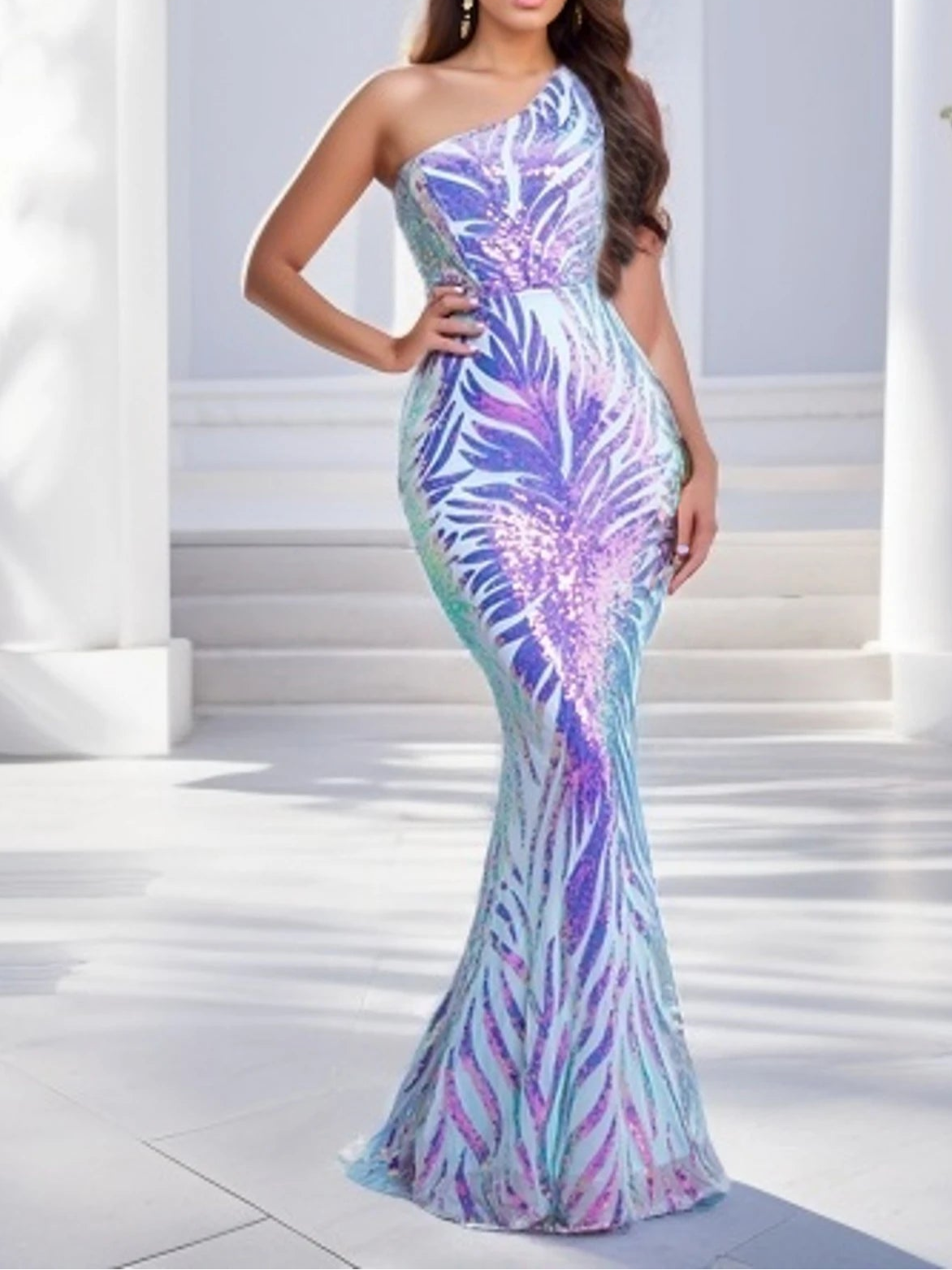 One Shoulder Flower Sequined Cocktail Sleeveless Stretchy Evening Dress