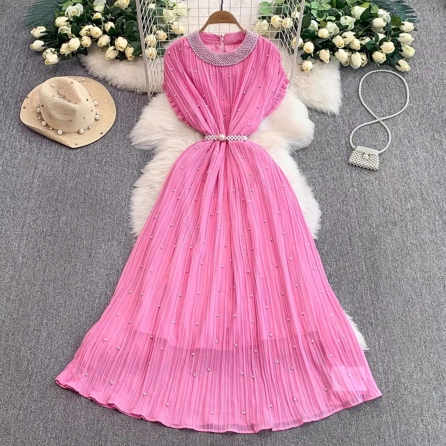 Summer Luxury Pearls Long Chiffon Dress For Women Loose Big Size Short Sleeve Crystal Birthday Evening Midi Pleated Dresses