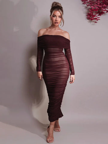 Off-shoulder Maxi Bodycon Dress For Women Backless Bodycon Ruched Party Long Dress