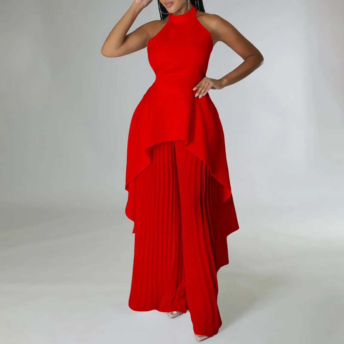 Elegant Two Piece Set Women Outfit Backless Top Hundred Pleated Wide Leg Pants Trousers Suit Summer Office Lady Suit