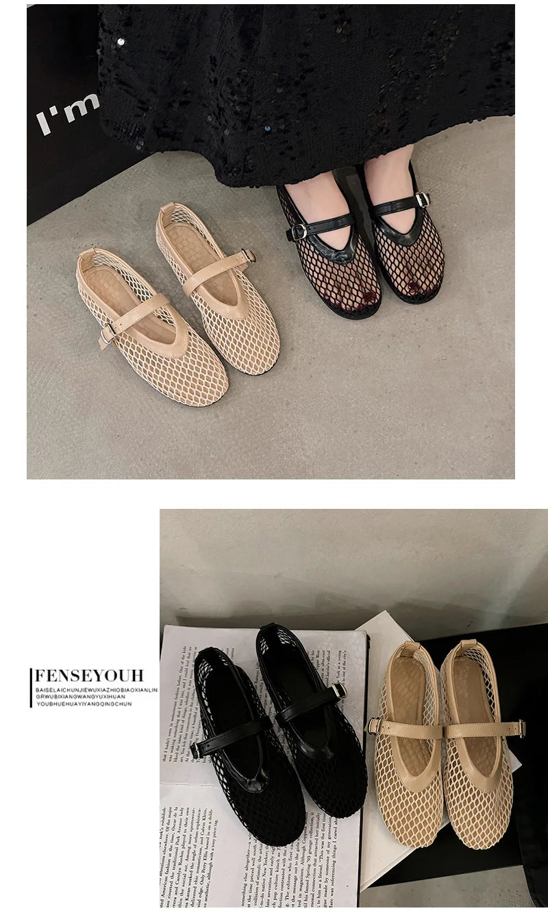 Breathable Mesh Black Ballet Shoes Daily Walking Street Sandals