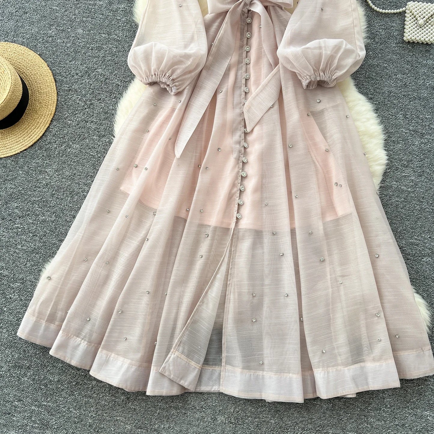 Elegant Lantern Sleeves Vintage Stand Collar Chic Single Breasted Rhinestone Bandage Slim High Street Long Dresses