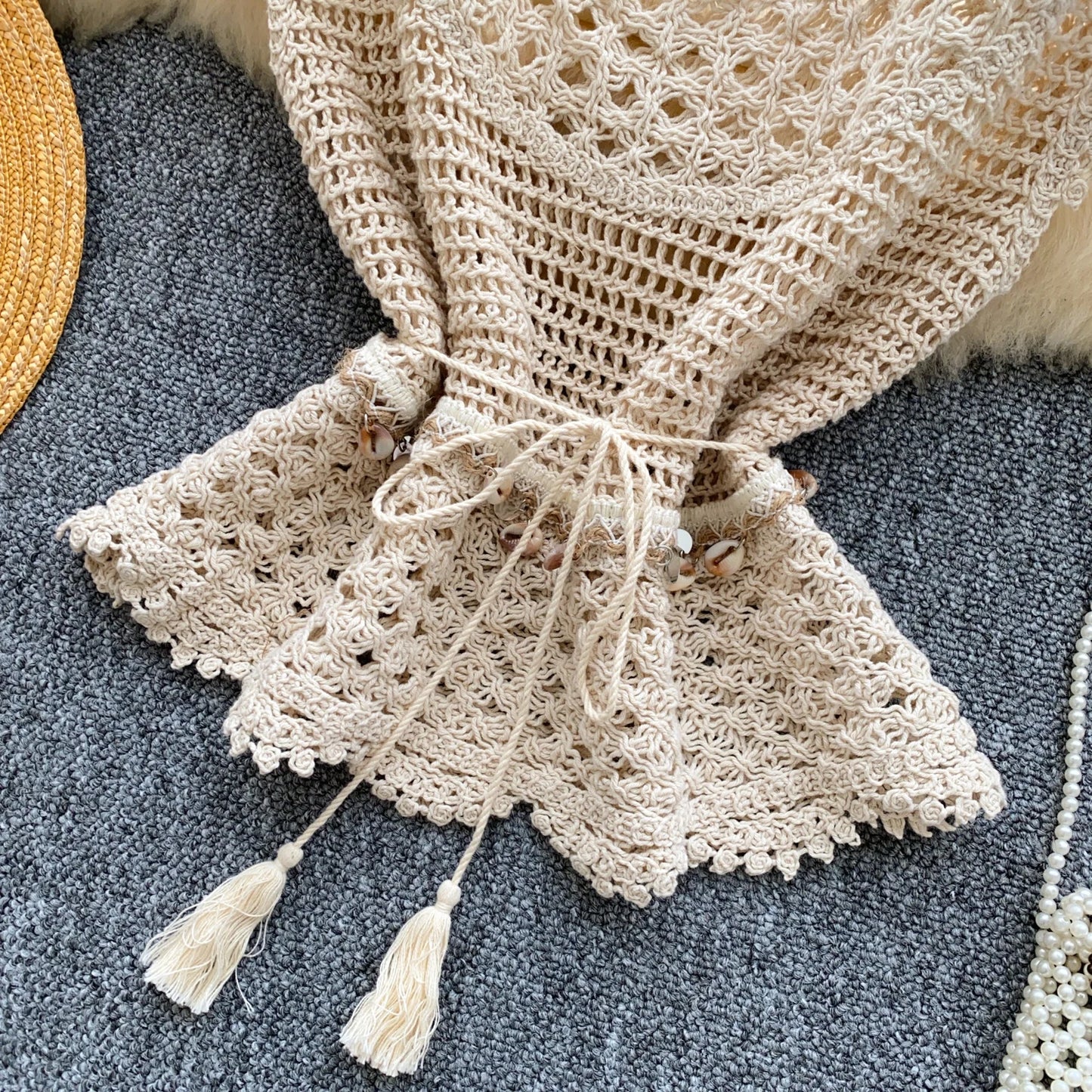 Bohemian Tassel Knit Tops Women Lace Up V Neck Elastic Summer Blouse Vacation Blouse