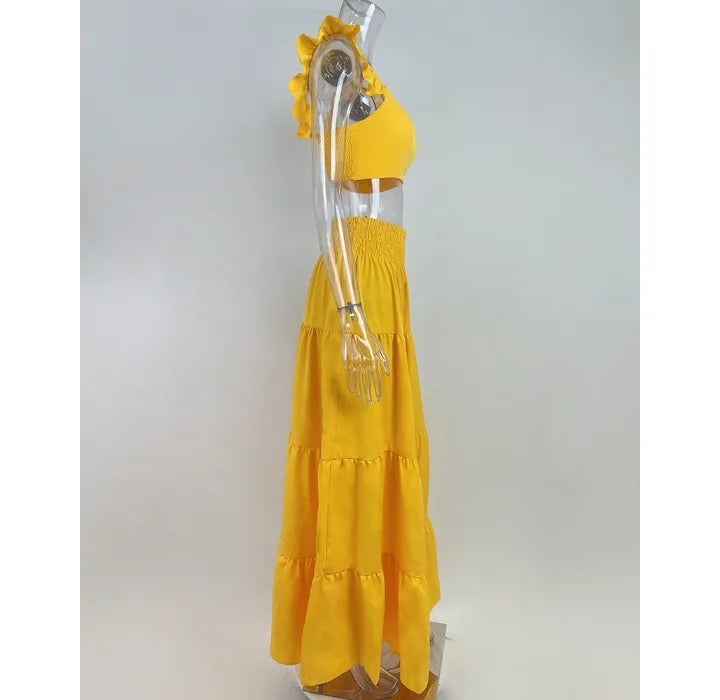 Y2k Two Piece Set Elegant Sexy Collage Sleeveless Top and Maxi Skirt Set