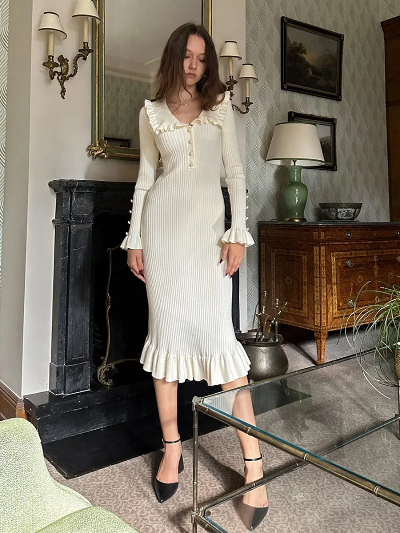Retro Elegant High Waist Ruffled Maxi Sweater Dresses Knitted Dress
