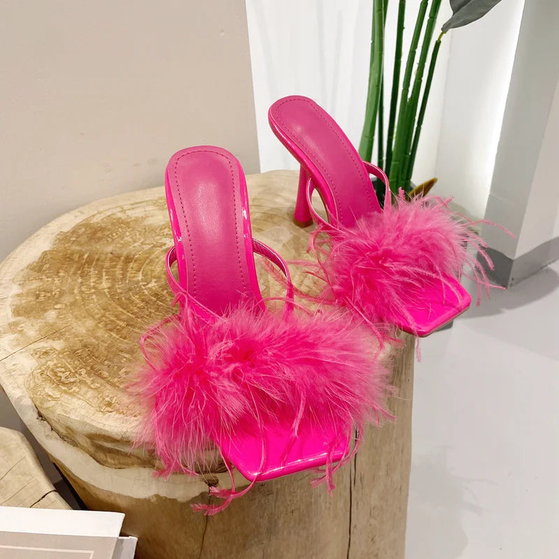 Fur Feather High Heels Slippers Sandals Women Summer Mules Ladies Shoes