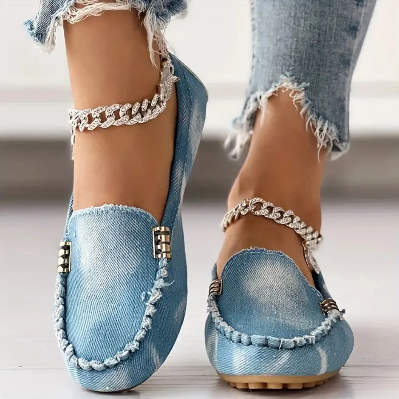 Women Denim Flats Round Toe Thick Bottom Walking Flat Shoes