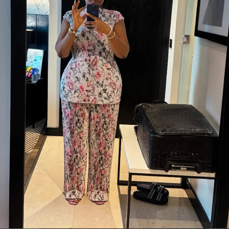 Women Set Floral Print Short Sleeve Pleated T-Shirt + Wide Leg Pants Two 2Piece Sets