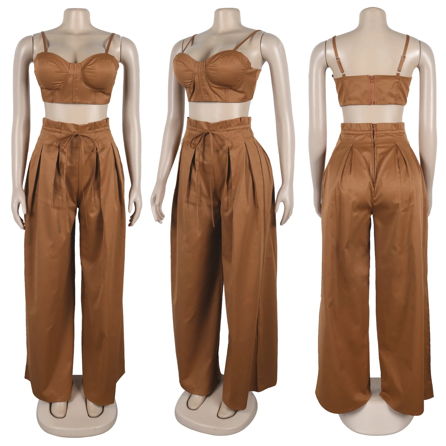 Sexy Zip Crop Camisole and High Waisted Drawstring Wide Leg Trousers 2 Piece Women Pants Suit Streetwear