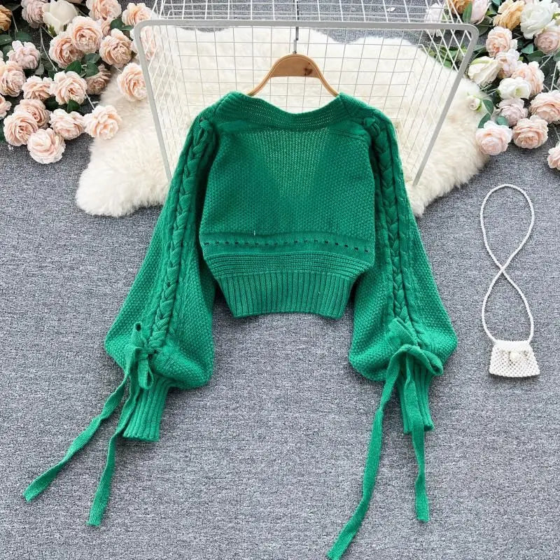 Green Casual Acrylic Knit V-Neck Lantern Long Sleeve Lace Up Women's Cardigan
