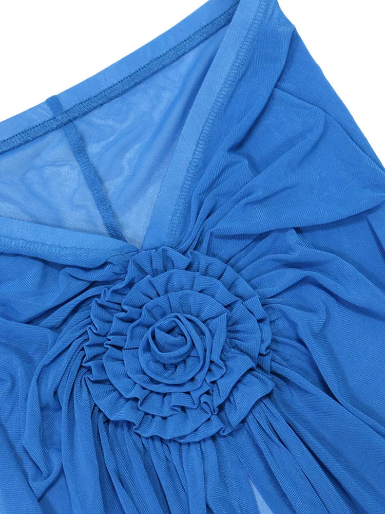 Women's Royal Blue 3D Flower Bikini Set 3 Pieces Outfits Summer Sheer Mesh Beach Cover-Up Set Swimsuits