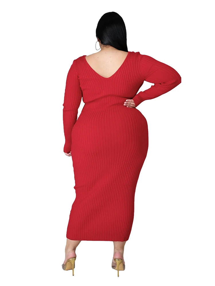 Ladies Knitted Sweater Dress Midi Dress Long Sleeves Chic and Elegant Plus Size Dresses