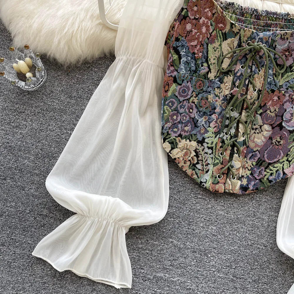 Women Retro Y2K Rose Flower Print Long Sleeve Gothic Shirts Fashion Irregular Bandage Party Blouses