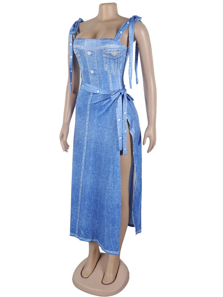 Beautiful Blue Denim Print Monokini Skirt Set Two-Piece Set New Chic High Slit Bandage Matching Set Vacation Outfits