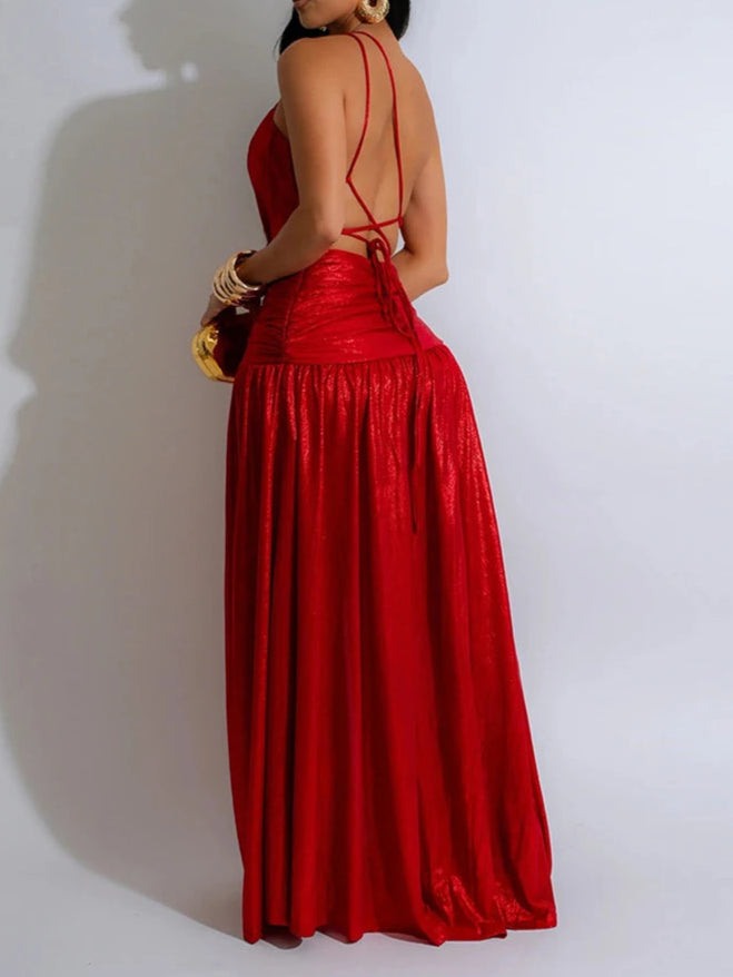 Cocktail Split Dress Women Sexy Metallic Golden Sleeveless Backless Evening Dress