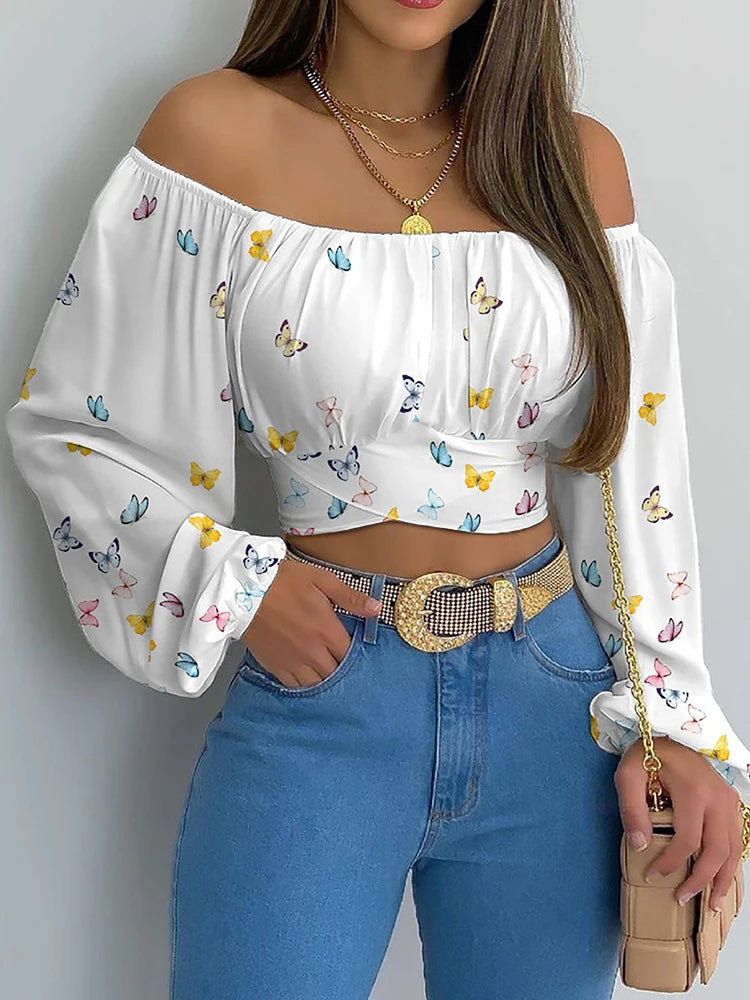 Women Sexy Off Shoulder Print Blouses Chic and Elegant Lantern Long Sleeve Cropped Top