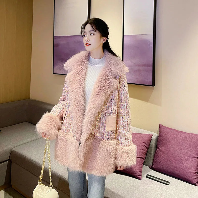 Glitter Coarse Wool Blended Fur Coat Long Sleeve Loose Coat