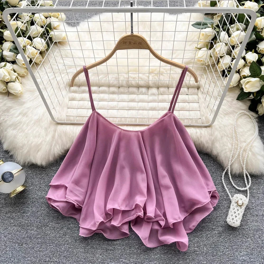 Summer Tops Spaghetti Straps Ruffle Sleeveless Tanks and Crop Tops Solid Tank Camisoles Women Y2k