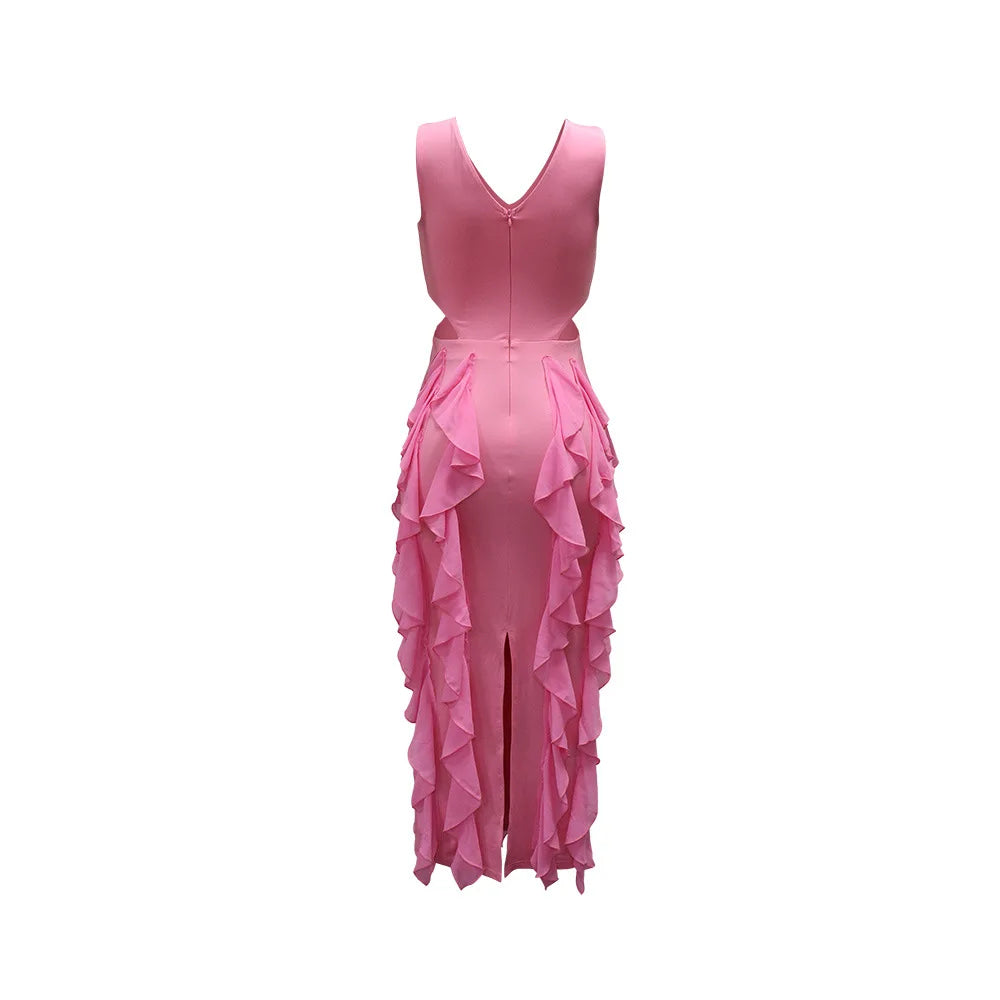 Wedding Guest Dress Women Sleeveless V-neck Ruffle Bodycon Midi Dress Birthday Outfit
