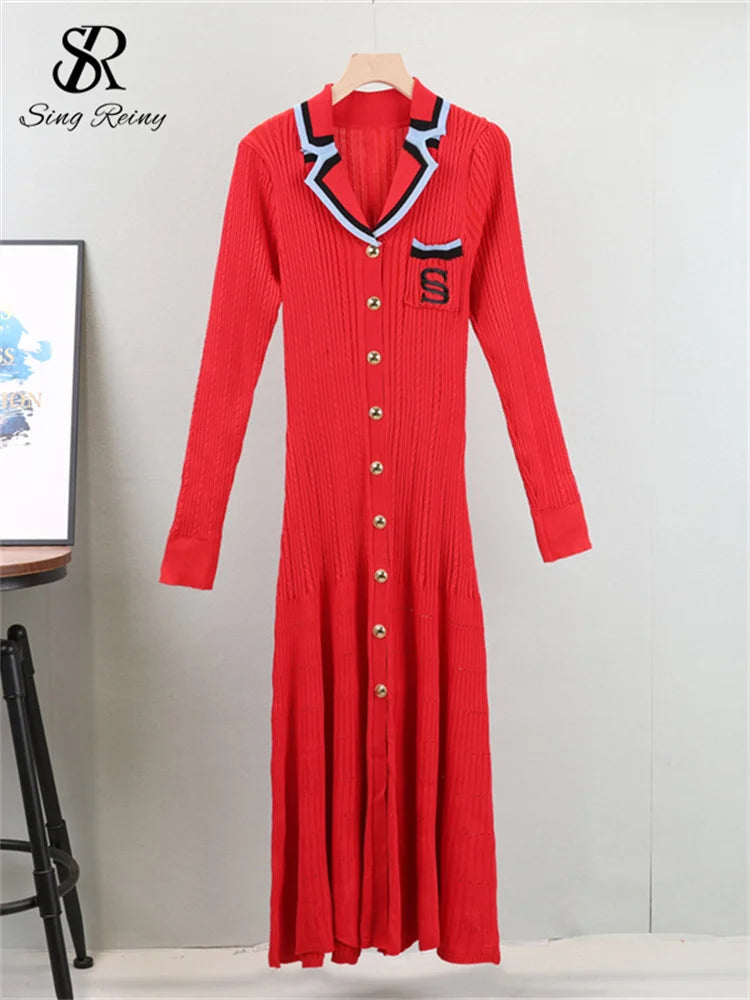 Women Polo Dress Single Breasted Pocket Design Bodycon Knitted Dress Sweater Midi Dress