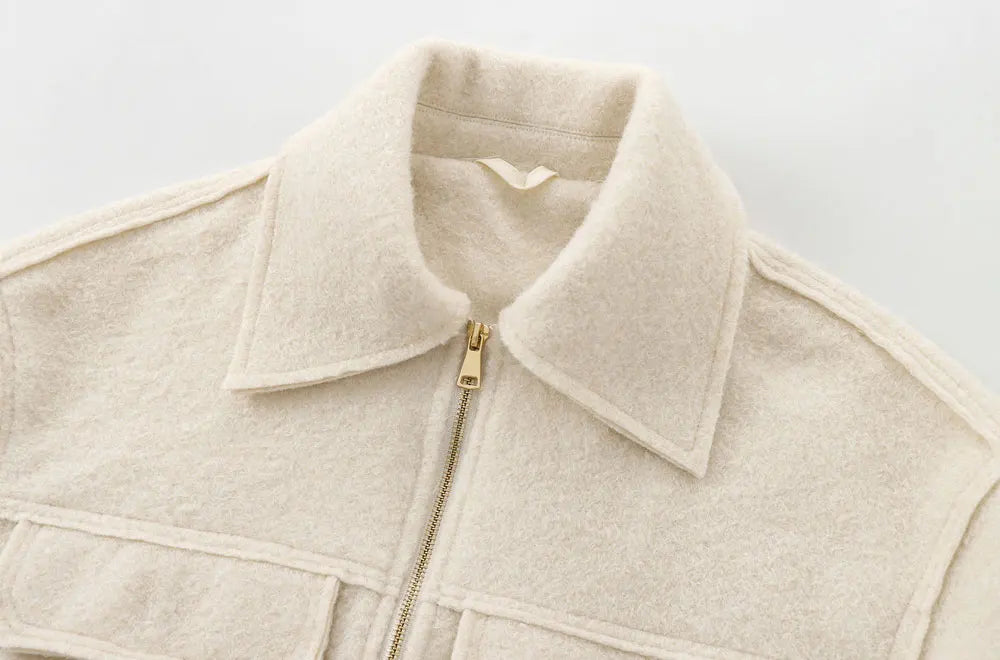 Cropped Jacket with Pockets for Women, Long Sleeve Coat Front Zipper Female Outerwear