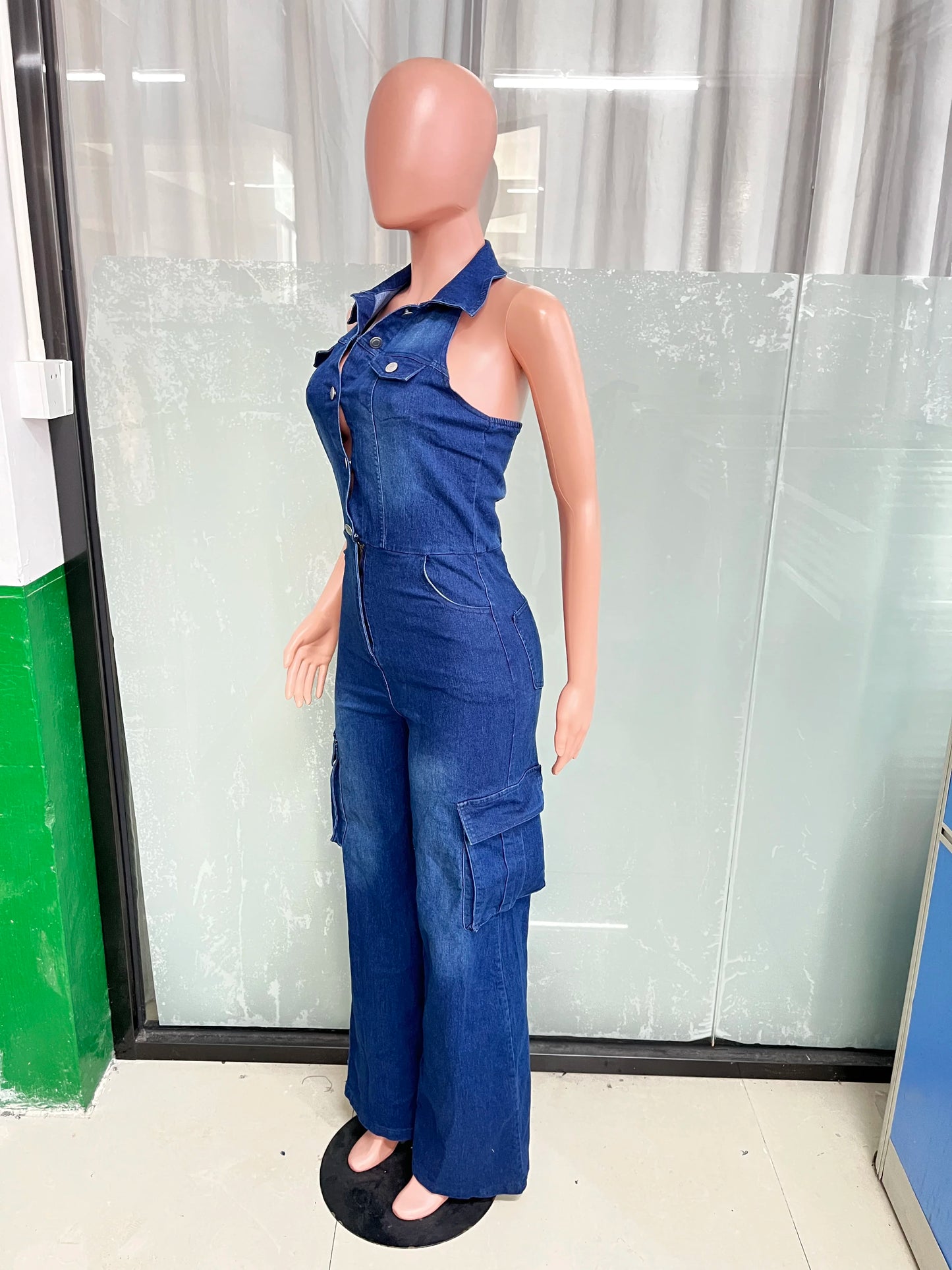 Denim Cargo Romper Sexy Women Halter Elegant Denim Casual Jumpsuit Overalls