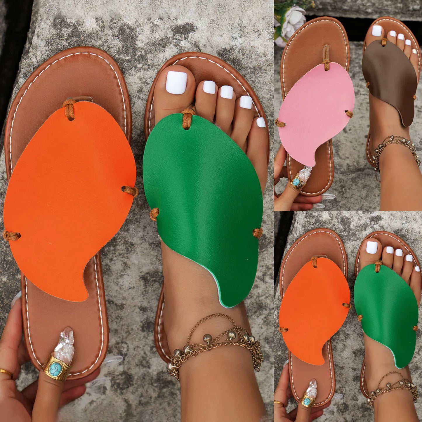 Flat Sandals For Women Ladies Summer Color Blocking Leaves Soft Leather Clip Toe Flat Yoga Sandals For Women