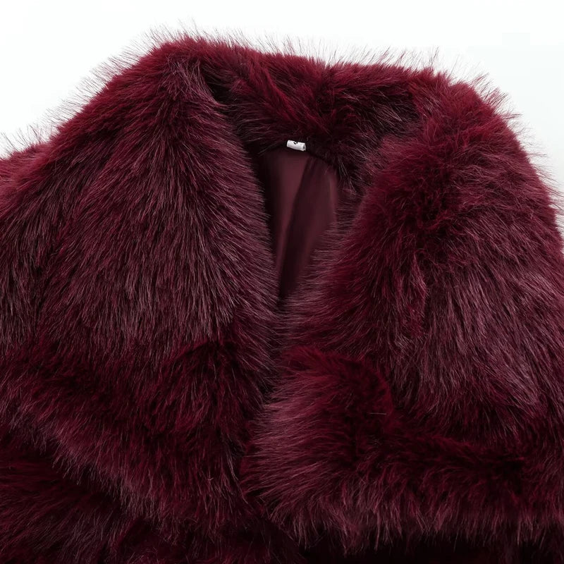 Women's Fur Coat Plush Burgundy Bomber Jacket Solid Crop Jacket Winter Coats