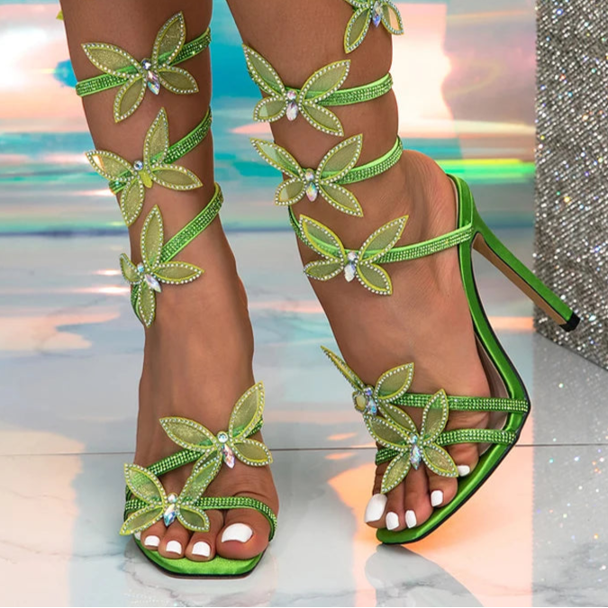 Glitter Rhinestones Women Sandals Crystal Butterfly Square Toe Wedding Party Stripper Shoes