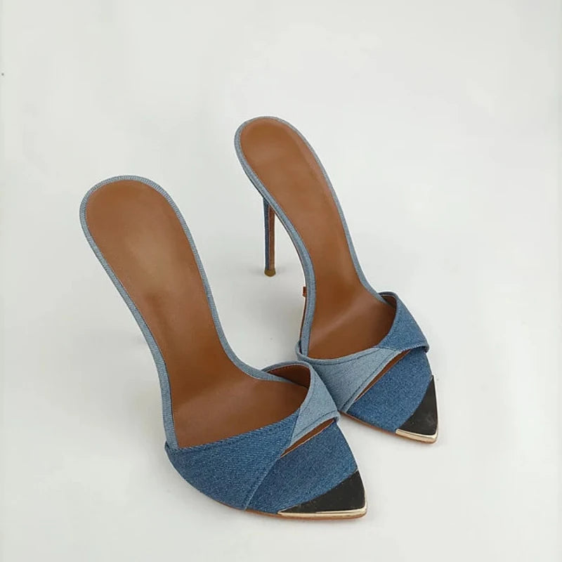 Denim Women Slippers Metal Decoration Pointed Toe Mules Shoes Super-high Heel Sandals