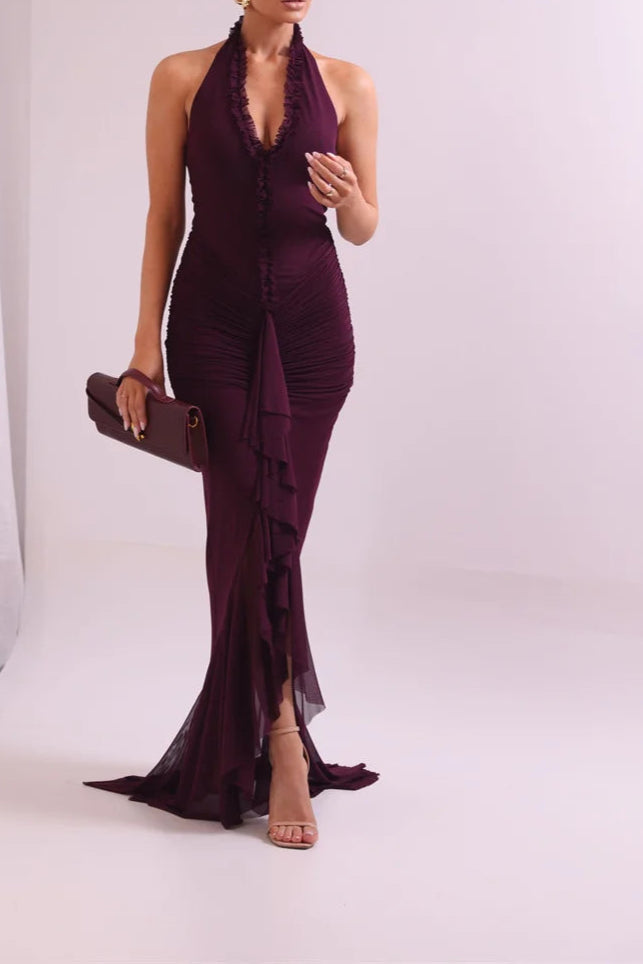 Halter V Neck Backless Sexy Maxi Dress Women Evening Gown Ruffle Dress